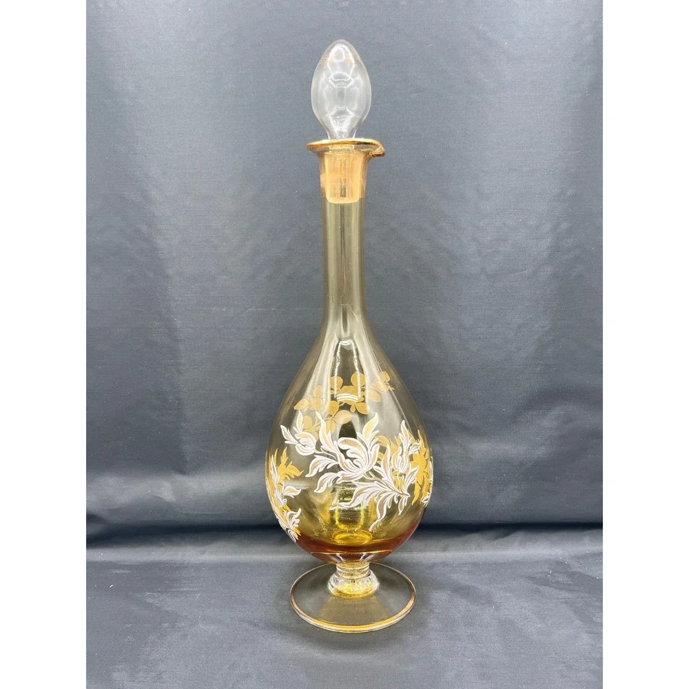 Vtg Amber Glass Decanter Floral Hand Painted Barware Carafe‎ 13.5